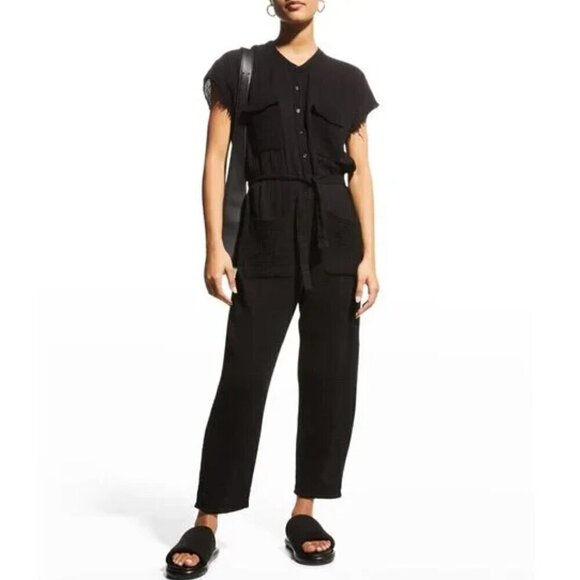 New Monrow Cotton Gauze Relaxed-Fit Cap-Sleeve Black Jumpsuit NWT Large - Picture 1 of 13